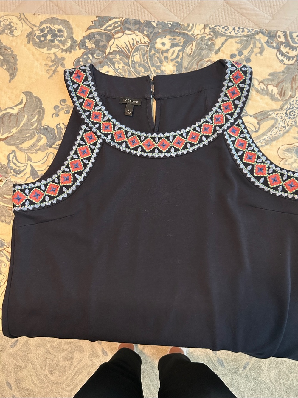 NWOT! Talbots Navy Sleeveless Dress with  Embroidered Trim